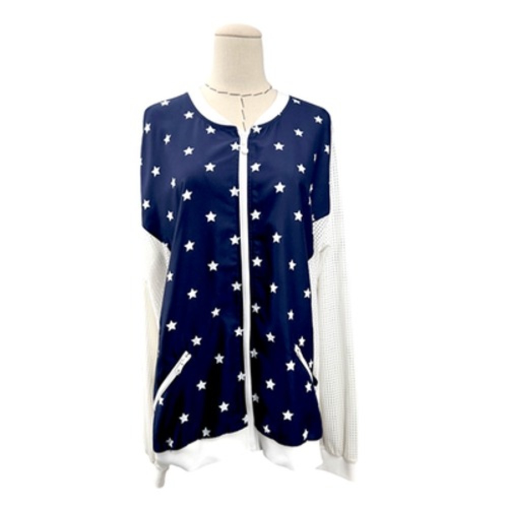 Alexo‎ Athletica Women 2X Navy White Star Mesh Bomber Jacket Zip Front Pockets